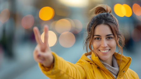 A woman in a yellow coat and gray beanie smiles and raises her hand to make a peace sign. The snowy street is softly illuminated by warm lights, creating a cozy atmosphere during dusk.の素材