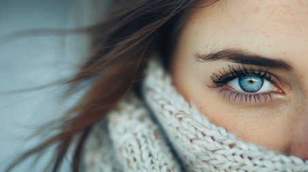A young woman gazes intently, showcasing her striking blue eyes and freckles. Her hand lightly touches her hair, creating an intimate and natural atmosphere that highlights her features.の素材