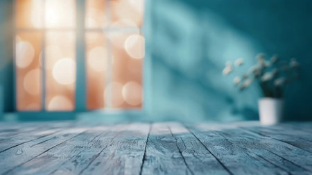 Natural light pours through a window in a blue room, casting soft shadows on the wooden floor. A small potted plant adds a touch of freshness, enhancing the tranquil atmosphere of the space.の素材