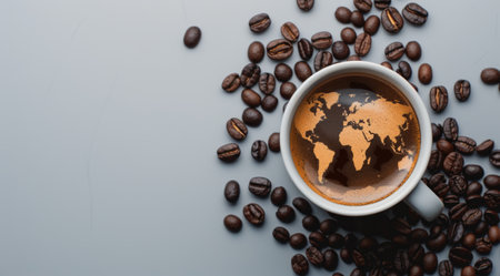 A coffee cup displays a world map design in the dark beverage, with whole coffee beans scattered around it on a soft blue surface, creating a global coffee theme in a minimalist setting.の素材