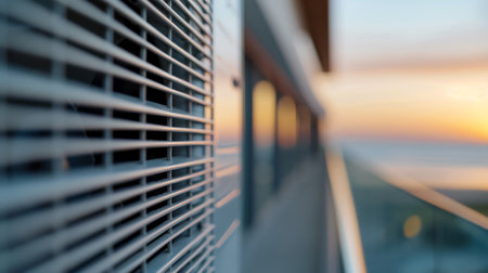 Multiple industrial HVAC units are aligned along a platform overlooking the ocean under a gray sky, indicating a coastal setting. Water can be seen in the background, enhancing the industrial atmosphere.の素材