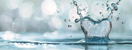 Droplets of water create a heart shape as they splash in a serene pool, surrounded by a soft, shimmering backdrop. The scene captures a moment of beauty in movement, evoking a sense of peace and love.の素材