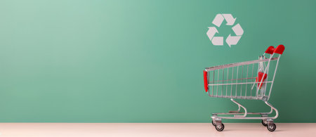An empty shopping cart stands against a soft green wall, with a recycling symbol above it made from textured material, highlighting the theme of sustainability and eco-friendly shopping in a minimalist environment.の素材