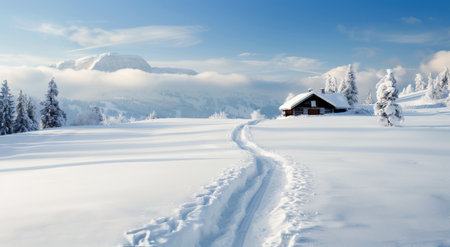 A cozy cabin rests in a snowy landscape, framed by towering pine trees under a clear blue sky. The pristine white snow glistens in the daylight, creating a serene winter wonderland.の素材