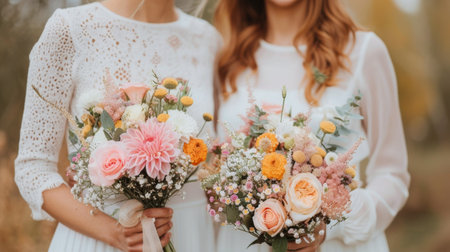 Two women stand side by side, each holding vibrant flower bouquets. One is dressed in a yellow dress while the other wears a pink dress. The backdrop features a soft, neutral tone, enhancing the cheerful arrangement of blooms.の素材