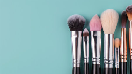 A collection of professional makeup brushes neatly arranged on a soft blue background, showing various sizes and shapes, ideal for makeup application and artistry.の素材
