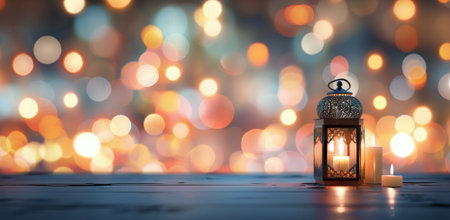 Decorative lanterns emit a warm glow as dusk sets in, creating a tranquil atmosphere amidst a beautiful blur of lights in the background. The scene evokes a sense of calm and serenity.の素材