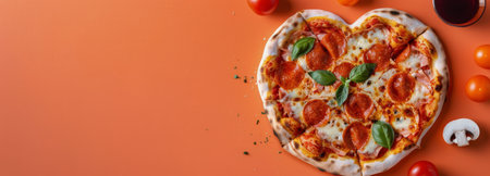 A heart-shaped pepperoni pizza topped with fresh basil sits on an orange surface, surrounded by cherry tomatoes and a glass of red beverage, creating a vibrant and appetizing display.の素材