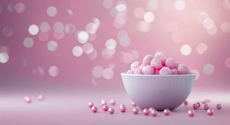 A bowl filled with vibrant purple glitter sits on a surface, surrounded by a scattering of sparkles. The background shimmers with soft, blurred purple hues, creating a magical and festive atmosphere.の素材