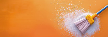 A brush makes dynamic splashes of water against a bright orange background, capturing a moment of creative cleaning or painting. The vibrant colors enhance the lively atmosphere of the activity.の素材