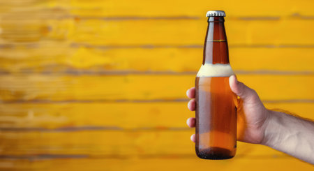 A person holds a cold, golden beer bottle with condensation trailing down its surface. The vibrant yellow backdrop enhances the refreshing look, suggesting a moment of relaxation or celebration.の素材