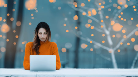 A woman in a cozy orange sweater focuses on her laptop while seated at a table. The serene winter setting features glowing lights in the background, creating a warm and inviting atmosphere.の素材