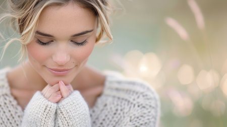 A woman with her eyes closed, wearing a soft sweater and a cozy scarf, is lost in thought while enjoying a peaceful moment outdoors with blurred lights in the background.の素材