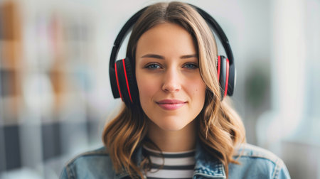 A young woman with wavy hair and headphones smiles confidently while sitting in a contemporary workspace filled with soft lighting and minimalistic decor.の素材