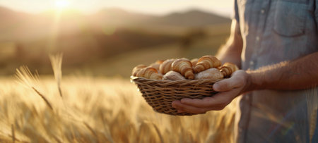 A person in a white garment cradle a basket filled with freshly baked bread while standing in a golden wheat field during sunset, surrounded by the warm glow of the setting sun.の素材