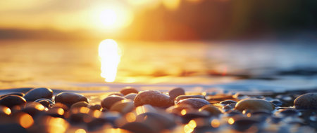 The sun sets gently over a calm water surface, casting a warm glow on smooth pebbles along the shore. The shimmering light creates a peaceful atmosphere, inviting tranquility and reflection.の素材