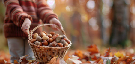 A child gathers acorns in a wicker basket amidst vibrant autumn foliage, enjoying the crisp air and the beauty of the forest during the fall season.の素材