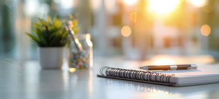A notebook and pen rest on a smooth table, accompanied by a small potted plant. The warm light from the setting sun filters through, creating a cozy atmosphere in a busy cafe.の素材