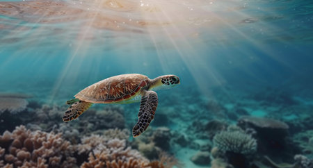 A sea turtle gracefully swims just below the surface, surrounded by vibrant coral reefs as the sun sets on the horizon, casting a warm glow over the tranquil waters.の素材