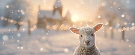 A small lamb stands on soft snow, surrounded by glittering trees and a pastel sky at dusk. The tranquil winter setting creates a serene atmosphere, highlighting the innocence of the lamb in the snowy landscape.の素材