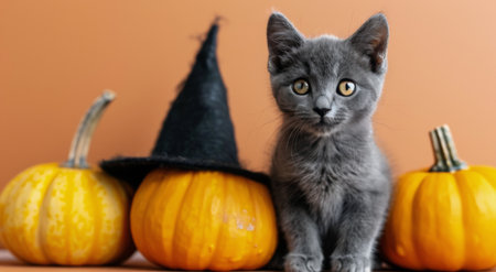 A playful kitten wearing a witch hat sits among decorative pumpkins, capturing the joyful spirit of Halloween. The vibrant background enhances the festive atmosphere, making it perfect for seasonal celebrations.の素材