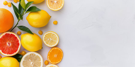 A vibrant assortment of fresh lemons and oranges, sliced in half and artistically arranged on a smooth white surface, accompanied by green leaves for a refreshing look.の素材