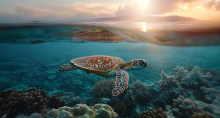 A sea turtle gracefully swims just below the surface, surrounded by vibrant coral reefs as the sun sets on the horizon, casting a warm glow over the tranquil waters.の素材
