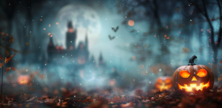 A misty, eerie landscape features a dark castle surrounded by twisted trees and glowing jack-o'-lanterns. The full moon illuminates the scene, while bats flit through the fog, creating a haunting atmosphere perfect for Halloween.の素材