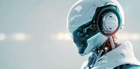 Advanced robots with glowing blue accents are showcased in a modern laboratory setting, highlighting their intricate designs and artificial intelligence features.の素材