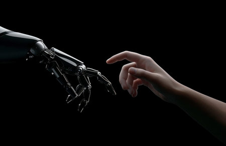 A human finger gently touches the fingertip of a robotic hand, highlighting the connection between technology and humanity in a modern, illuminated environment.の素材