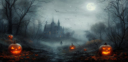 A misty, eerie landscape features a dark castle surrounded by twisted trees and glowing jack-o'-lanterns. The full moon illuminates the scene, while bats flit through the fog, creating a haunting atmosphere perfect for Halloween.の素材