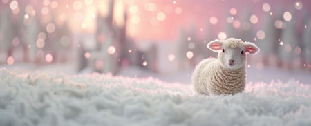 A small lamb stands on soft snow, surrounded by glittering trees and a pastel sky at dusk. The tranquil winter setting creates a serene atmosphere, highlighting the innocence of the lamb in the snowy landscape.の素材