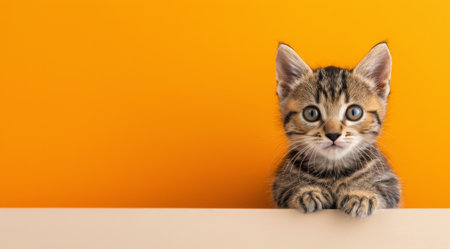A playful tabby kitten with striking blue eyes is peeking over a white edge, set against a vibrant orange backdrop. The curious feline exudes charm and innocence in this lively setting.の素材