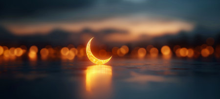 A crescent moon candle illuminates a table while soft, colorful lights from the city twinkle in the background as dusk settles in, creating a serene and magical atmosphere.の素材