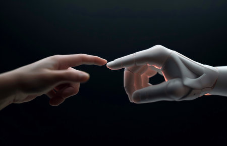 A human finger gently touches the fingertip of a robotic hand, highlighting the connection between technology and humanity in a modern, illuminated environment.の素材