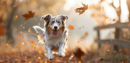 A lively dog joyfully dashes through a forest path, surrounded by colorful autumn leaves as sunlight filters through the trees, creating a warm and inviting atmosphere.の素材