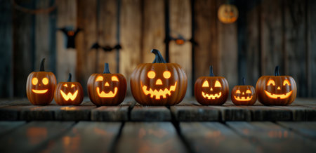 Carved pumpkins with various expressions glow warmly, illuminating rustic wooden steps on a spooky Halloween night, creating a festive atmosphere with a touch of eeriness.の素材