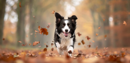 A joyful dog runs through a vibrant forest, kicking up fallen orange and red leaves. The animal's enthusiasm and the beautiful autumn scenery create a lively and cheerful atmosphere.の素材