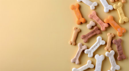 A variety of colorful dog treats shaped like bones and an oval, scattered across a soft yellow surface, perfect for rewarding pets and enhancing their mealtime experience.の素材