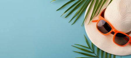 A stylish summer hat sits next to vibrant orange sunglasses, framed by lush green palm leaves against a soft blue backdrop, evoking a relaxing tropical vibe perfect for sunny days.の素材