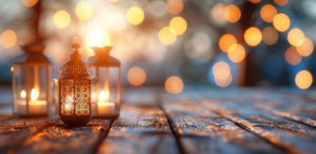 Two ornate lanterns emit a warm glow as colorful bokeh lights shimmer in the background, creating a cozy and festive atmosphere on a rustic wooden surface, perfect for celebrations or winter nights.の素材
