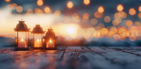 Two ornate lanterns emit a warm glow as colorful bokeh lights shimmer in the background, creating a cozy and festive atmosphere on a rustic wooden surface, perfect for celebrations or winter nights.の素材