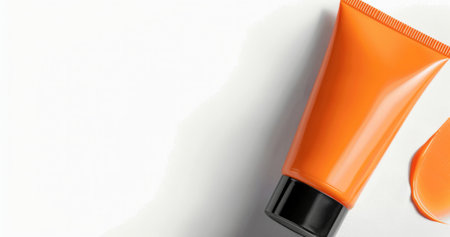 A vibrant orange tube rests against a white surface, illuminated by soft natural light, casting subtle shadows, showing its sleek design in a minimalist setting.の素材