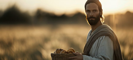 A joyful farmer displays a bundle of harvested wheat in a sunlit field, with fellow workers gathering crops in the background during the evening hours.の素材