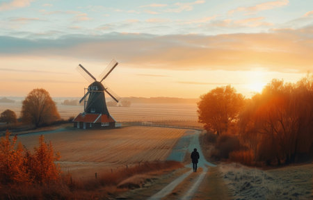 A picturesque windmill stands surrounded by vibrant autumn trees as the sun sets, casting warm hues over the fields and enhancing the serene countryside atmosphere.の素材