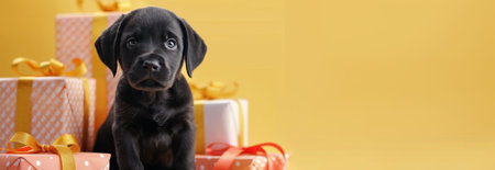 A playful Labrador puppy sits on a wooden floor in front of beautifully wrapped gifts, illuminated by soft holiday lights, creating a warm and festive atmosphere perfect for celebrations.の素材