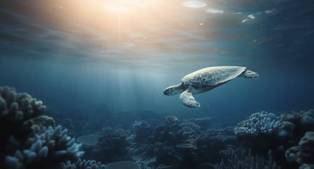 A green sea turtle glides gracefully above a vibrant coral reef during sunrise, sunlight filtering through the water and illuminating the underwater landscape, creating a serene and captivating atmosphere.の素材