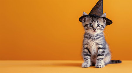 A curious gray-striped kitten dons a tiny witch hat, gazing at the camera with big, expressive eyes. The vibrant orange background and decorative pumpkins enhance the festive autumn atmosphere.の素材