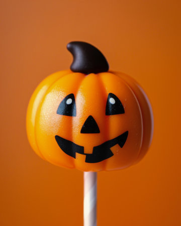 A vibrant orange pumpkin cake pop stands against a warm orange background, featuring a joyful expression with eyes and a wide grin. The cake is topped with a small chocolate stem, embodying the festive spirit of Halloween.の素材