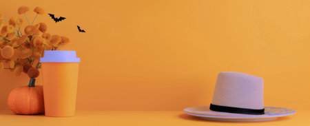 A witch hat rests on a plate, surrounded by bats flying against a vibrant backdrop of autumn leaves and soft lighting, capturing the spirit of Halloween.の素材